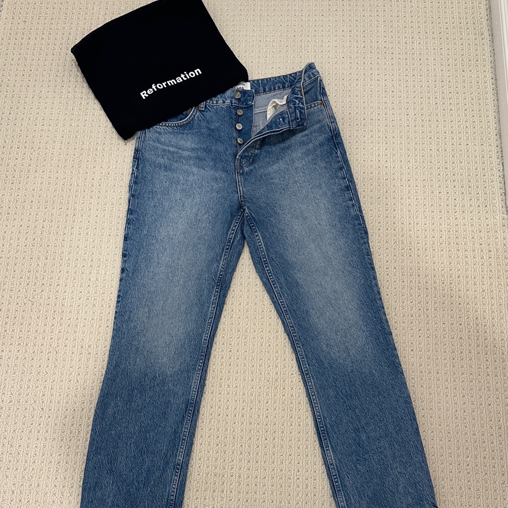Reformation Cynthia High Rise Straight Jeans and Bag